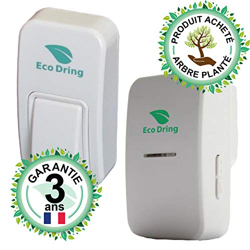 EcoDring Sonnette sans Fil sans Pile ECO ✮ Garantie Française 3 Ans ✮ portée jusqu'à 80 mètres, résistant à l'eau IPX7 + Stickers pour nom + phosphorescents 25 mélodies