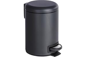 WENKO Poubelle cosmétique à pédale Leman noir mat | Anti trace | 3 litres | Petite poubelle pour salle de bain avec support à sacs poubelle intégré |Acier vernis, finition mat | 17x25x22,5cm