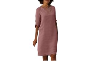 AZRUMA Leinenkleid Damen Sommer V-Ausschnitt Halbe Ärmel Einfarbig Knielang Leinen Kleider Lässige Locker Bohemien Blusekleid A-Linie Shirtkleid T-Shirt Kleid Strandkleid Freizeitkleid Sommerkleid