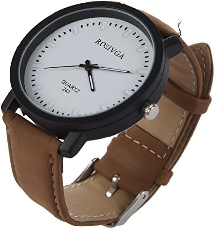 ROSIVGA Unisex Dull Polish Faux Leather Band Wrist Watch Coffee Strap&amp;White Dial