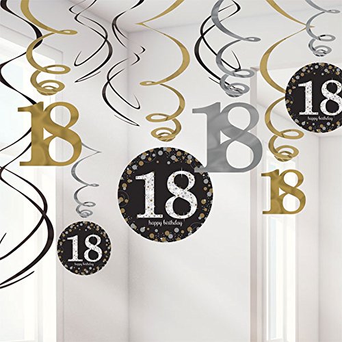 12x Deckenhänger Swirl und Tischkonfetti 18 Geburtstag in gold schwarz silber + Glitter 18 Happy Birthday - 4