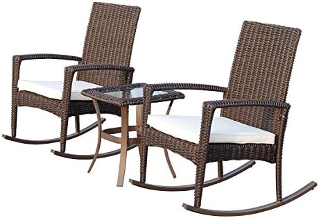 Modern Style Outdoor Garden 3 Piece Rattan Rocking Chair Set with Side Table (Material: Aluminium/Rattan, Color: Brown/Beige)