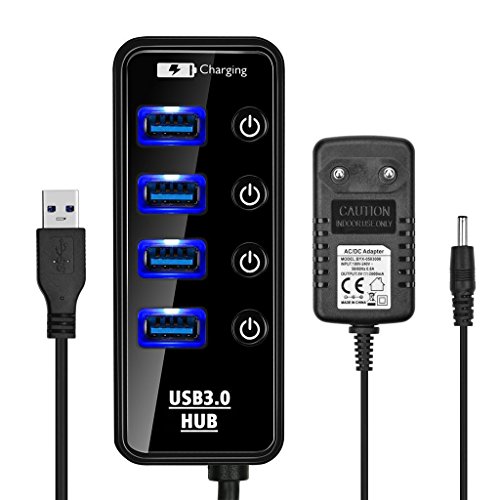 V.one High Speed Aktiver USB 3.0 Datenhub 4 Ports Hub Adapter Verteiler Datenübertragung Power mit mit 1 Ladeport(Max 2.4A) und 4 Schaltern 5Gbps Data Transfer Ports Splitter DC Power Adapter für Win7/8/10 PC Mac Macbook Laptop Notebook Windows MAC iPhone, iPad, Samsung, Motorola, HTC und andere USB 3.0 kompatiblen Geräten (inkl. 5V/2A Schnelles Laden Netzteil)