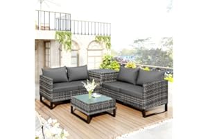 LTGB 4 Pieces Patio Furniture Set, Garden Rattan Corner Sofa Set Outdoor Furniture Patio Sofa with Large Storage Box, Tempered Glass Coffee Table, for Poolside Lounging Garden and Backyard【UK Spot】