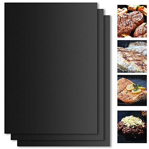 Grillmatte (3er Set) zum Grillen und Backen aus Silikon mit Teflon beschichtetes Blech für bis 300°C Wiederverwendbar Grill Matte Perfekt für Kohle-, Elektro- und Gas- Grills LFGB und FDA Zulassung 40x30 cm - 0.3 mm dick