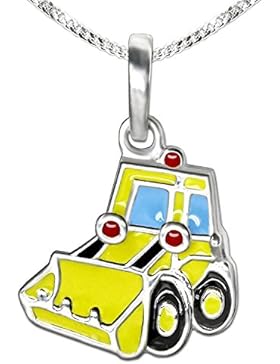 CLEVER SCHMUCK-SET Silberner Anhänger kleiner Bagger 12 x 11 mm bunt lackiert glänzend mit Kette Panzer 38 cm...