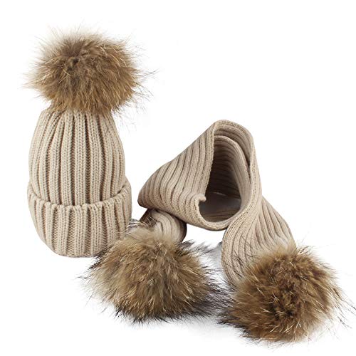 Preisvergleich Produktbild Quaan Baby Mütze + Schal Winter Warm Kleinkind Gestrickt Häkeln Mütze Kinder Mädchen Jungen künstlich Pelz Mütze Haar Ball Hut Beiläufig Retro Glamourös Draussen Reise Festival Weihnachten Holländer