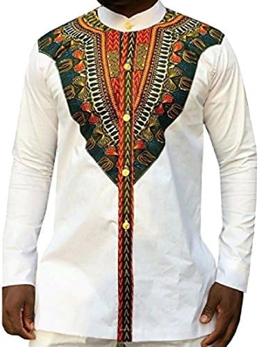 Aprilley Men's Long Sleeve African Dashiki Printed Pullover T-shirts - White -