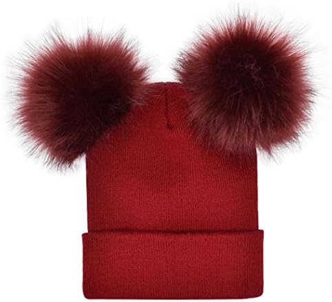 Girls Women Knit Double Faux Fur Pom Pom Beanie Hat Cap,Yanner Adult Fashion Cute Knit Cotton Slouch Beanie Hat (Wine)