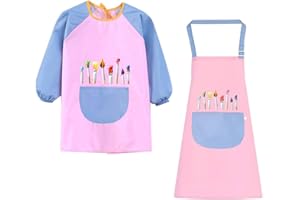 ZOOMPIL Niños Delantales, Delantal Infantil Pintura, Bata de Arte para Niños, Set de Delantal Infantil con Bolsillos, para Manualidades, Pintar, Hornear, Cocinar (Talla grande)