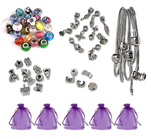 Luxbon Antique Argent Bracelet à Breloques Cadeau Set de 5 Bracelets, 25 Verre de Murano Beads, 10 Breloques, 10 pendentifs, 5 Clip fermoirs, 5 Pochette en Organza DIY