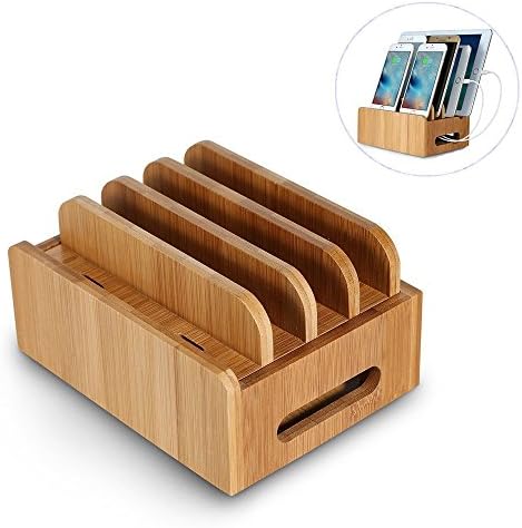 Bamboo Charging Station - Multi Device Organizer, Large Capacity Desktop Cord Organizer Dock for Smartphones iPhone iPad and Tablets--Durable and Eco-friendly Bamboo