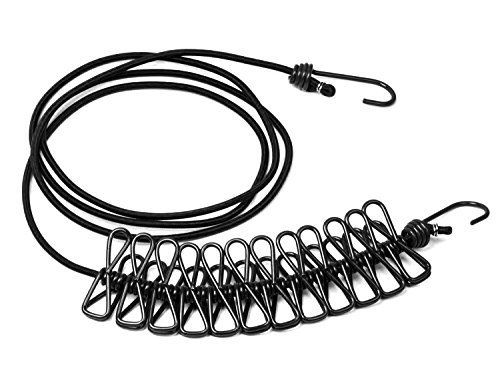 Leisial Flexibel Wäscheleine mit 12-Stück Clips und Beiden Haken- Super Praktisch Seile für Reise Camping Picknick Behausung (Schwarz)