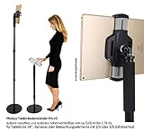 Wertiges Monopod-Stativ aus eloxiertem Aluminium mit 2 Dreh-Schnellverschlüssen, stufenlos einstellbar von 0,66 m bis ca. 1,75 m (gemessen bis Tablet-Mitte). Hohe Belastbarkeit, getestet bis 14 kg. Der kleine Stativkopf mit Panoramafunktion (Stahl-Innenleben) bietet eine freie Drehung und Einstellung eines beliebigen Blickwinkels.
