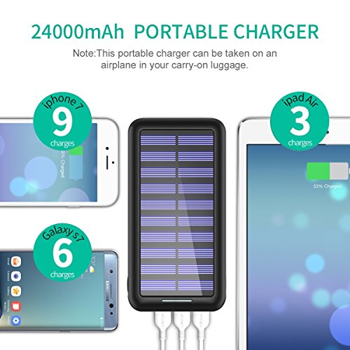 Externer Akku PLOCHY 24000mAh Solar Powerbank, Solar LadegerÃ¤t mit 3 AusgÃ¤nge und Lighting & Micro Dual Input Power Bank Handy fÃ¼r iPhone, iPad, Samsung Galaxy und andere Smartphones(Schwarz)
