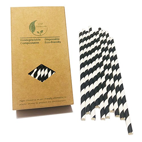 Kraft - Caja de 100 pajitas de papel de rayas blancas y negras, ideal para fiestas (rayas negras)