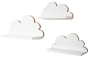 MOLILAND Set di 3 mensole da parete nuvole per cameretta dei bambini e cameretta dei bambini in legno stile scandinavo, bianco