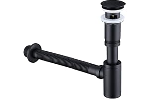 HOMELODY Designerski syfon z zaworem pop-up, zestaw odpływowy do umywalki, czarny matowy, uniwersalny syfon z mosiądzu, korek do umywalki, syfon z otworem do czyszczenia