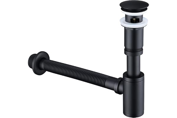 HOMELODY Siphon lavabo avec bonde à valve pop-up pour un style noir mat élégant dans votre salle de bain, siphon universel en laiton avec bouchon de lavabo et ouverture de nettoyage