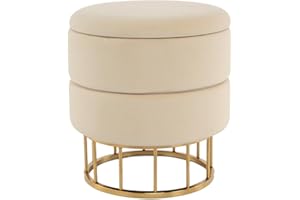 ‎QIYANO Qiyano Edina Hocker mit Stauraum Creme, Modern, Runder Polsterhocker mit Elegantem Metallgestell, Vielseitig Nutzbar, Komfortabel & Platzsparend