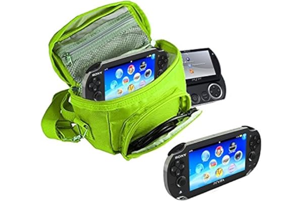 Orzly® Sacoche Bandoulière Universelle Haute Qualité Multi pour consoles portables Sony PSP - Convient à toutes les versions: PSP STREET / PSP 3000 / PSP GO / PSP 1000 / PSP 2000 / PS Vita - SAC PORTABLE avec compartiments spécialement conçus pour ranger: Jeux + Stylets + Câbles + Autres accessoires - Comprend: Poignée de Transport + Sangle Bandoulière Réglable et Amovible 1.5m + Fixation pour Ceinture - VERT