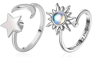 DWFEYOI Anello Antistress Argento Stelle del Sole con Pietra di Luna - Anxiety Fidget Ring Regolabile