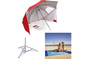 JAZLAX Beach Umbrella Tent Sun Shade Shelter 2.4m SET Beach Mat and Stand Inc. Portable, UPF 50+ UV Protection 2-4 person, beach, garden, fishing, camping (Red)