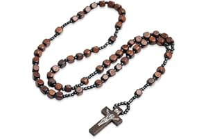 VJUYSW Kreuz Rosenkranz Halskette, Katholisches Halskette mit Rosenkranz aus Holz, Naturholz Gebetskette Halskette, für katholische Christen Religiöse Kommunion, Taufe, Messe, Bibel