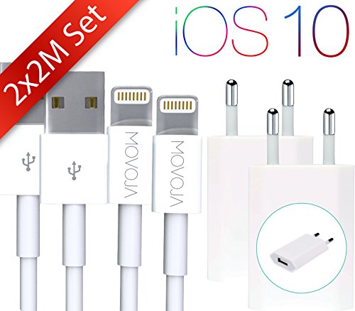 MOVOJA® [Lightning Ladekabel 2x 2 Meter] + [2x Wallcharger Lightning] für Strom und Datentransfers Lightning-Ladekabel | Lightning-Ladegerät inklusive USB-Adapter / Ladeadapter mit Quick-Charge / Fast Charge Funktion | geeignet für iPhone 5 / iPhone 6 / iPhone 7 / iPhone 7 Plus / iPad Air / iPod Nano uvm. Lightning Lade SET 4