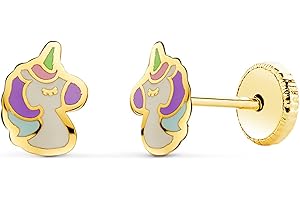 ALDA JOYEROS Pendientes Niña Unicornio Oro Amarillo 18K - cierre rosca - 7.5 mm