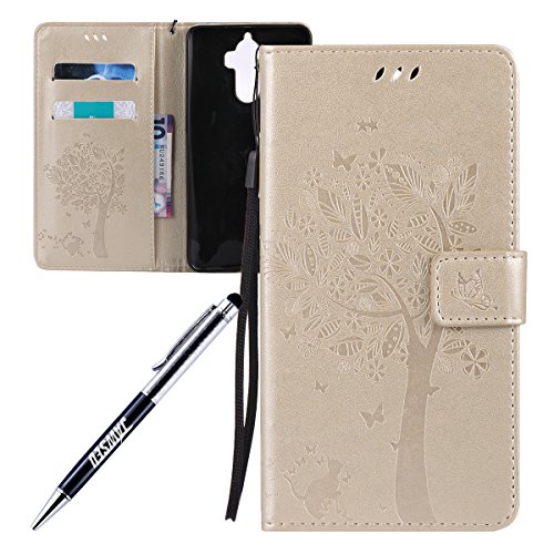 Huawei Honor 8 Case, Huawei Honor 8 Cover, JAWSEU 3D Embossing Tree and Cat Luxury Premium PU Leather Flip Cover for Huawei Honor 8 Protective Skin with Silicone Case Credit ID Card Slots Magnetic Closure Stand Protector Wallet Pouch for Huawei Honor 8 - Tree & Cat, Oro
