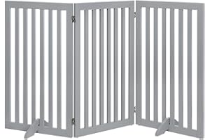 unipaws Freestanding Extra Tall Pet Gate, Folding Wooden Dog Gate, Indoor Barrier with 2PCS Support Feet, Up to 152cm Wide 91cm Height, Light Grey