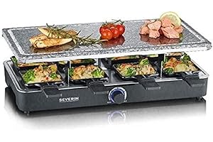 SEVERIN Raclette Gril 8 personnes, Pierre de Cuisson Naturelle, Thermostat Réglable, Surface de Cuisson 46 X 23 cm, Noir, RG 2372