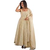 Women's Beautiful Cosmos Gold with Embroidery Work Gown Pant & Dupatta Set Anarkali Gown, Sleeveless Ethnic Gown and Dupatta 