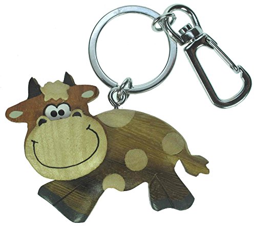 Happy Cow Keyring Handcrafted Wooden Novelty Key Chain! Includes Chrome  Keychain With Perfect Decorative Charm suitable for keys or