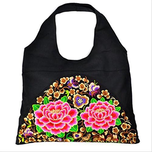 LazLake Embroidery Women Shoulder Bag Sling Crossbody Bag Purse Handmade Floral Tote Fashion Handbag Shopping Bag Swingpack MZ02 Peony
