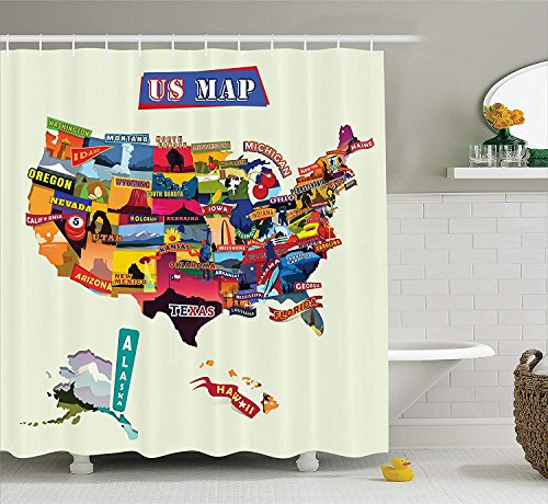 tgyew US Map Shower Curtain Set Wanderlust Decor, Us Map Seashore Sunflowers Tourist Attractions Jersey Cow Milk Corn Field, Bathroom Accessories, with Hooks, 60W X 72L Inche