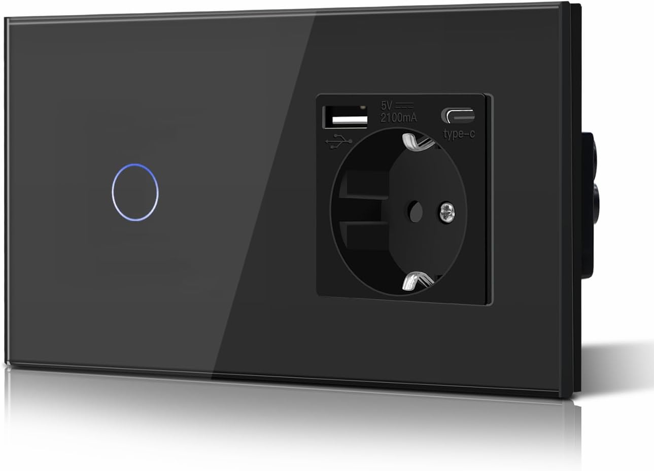 BSEED Interruptor táctil y enchufe pared,Toma de corriente con USB C,Panel de Vidrio con pulsador LED,Sin Función Wifi,1 Gang 1 Vía+1 Enchufe USB/Tipo C,157mm Negro
