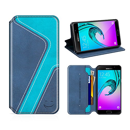 MOBESV Smiley Samsung Galaxy A5 2016 Wallet Case, Samsung A5 2016 Leather Case/Phone Flip Book Cover/Viewing Stand/Card Holder for Samsung Galaxy A5 2016, Stylish Dark Blue/Aqua