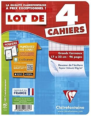 ClaireFontaine - Réf 646741c - Cahier Piqué 96 Pages 17x22 cm Grands Carreaux Couleurs Assorties - Lot de 4