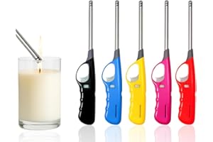 ONE BEST DEAL 5 x Refillable Lighter Gas Adjustable Flame Windproof Long Reach Candle Lighter for Kitchen Cooking BBQs Camping Wood Burner & Fireworks (Assorted Colors)