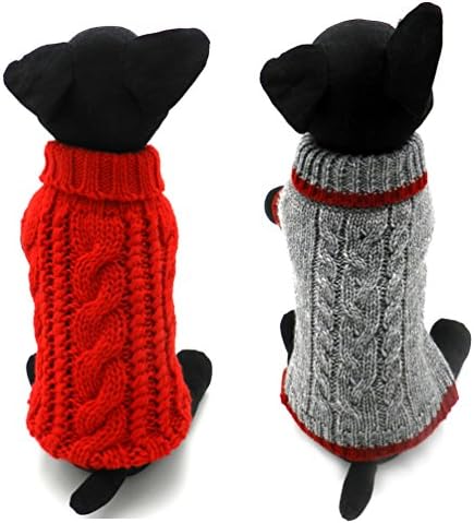 Pack of 2 Turtleneck Classic Cable Knit Dog Cat Pet Sweater Apparel Classic Red and Grey (L)