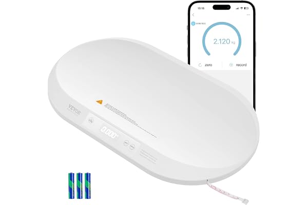 VEVOR Pèse-bébé Numérique, Balance Bébé Intelligent Bluetooth, Ruban à Mesure Intégré, Fonction de Maintien et Tare, Charge 40 kg, 5 Unités, pour Suivi Poids et Taille, Tout-petit, Animaux Domestiques