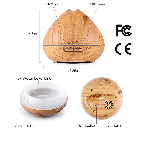 EaseHold Aroma Diffuser 400ML Leise Kalten Nebel Luftbefeuchter Ultraschall Oil Düfte Humidifier Holzmaserung LED mit 7 Farben Elektrisch Duftlampe Humidifier LED Licht für Babies Kinder Haus Yoga Schlafzimmer Wohnzimmer Büro Duftlampe (400ml, Gelb) - 2