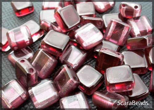 40 Pieces Czech Glass Two-Hole Tile Beads Estrela 6x6x3.2mm Dark Red Wine