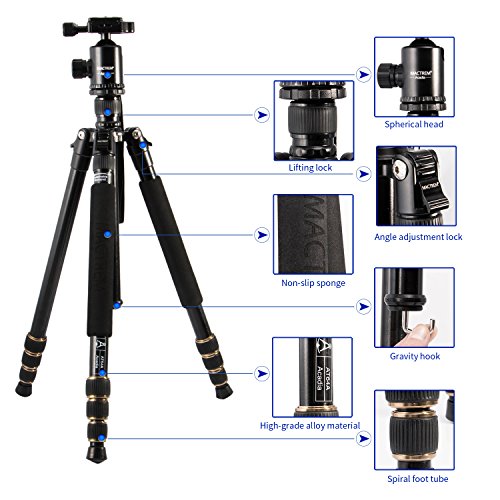 Tripode Camara Reflex ，Mactrem Profesional AT64,Portatil Desmontable,Rótula Panorómica 360°,1/4 Quick Release Plate para Canon Nikon Sony - Sistema Regulable de Tensión 37.5lbs (17 kg) (Negro)
