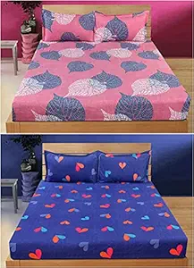 BSB HOME Glace Cotton 160 TC Cartoon Kids Printed Double Bedsheets Combo Pack of 2 Bedsheet with 4 King Size Pillow Covers (6X7 feet Bed, Light Pink and Red Heart) ?????? ??? ???