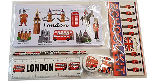  1 Bestselling All In One School Kit - London Souvenir - Pen   Pencil Case  Sharpener  Eraser   Rubber  Ruler  inches cm  - Trousse   Federmappchen   Caja de Lapices   Astuccio - White - EVERYTHING LONDON - Black Cab   Red Phone Box   London Bus   Royal Guard   Beefeater   Tower of London   Big Ben   Westminster Abbey   Tower Bridge   St Paul s Cathedral - Top Quality Product