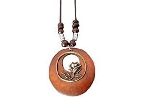 Ticome Rose Wooden Sweater Long Chain Necklace,Vintage Bohemia Ethnic Style Leather Rope Chain Pendant for Women Jewelry