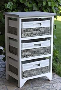 Landhaus Kommode Flur Dielen Schrank weiss Regal mit 3 Weidenkörben